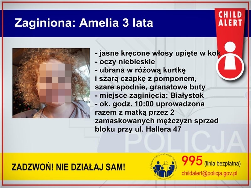 Porwanie 3-letniej Amelki i jej matki – policja uruchomiła Child Alert
