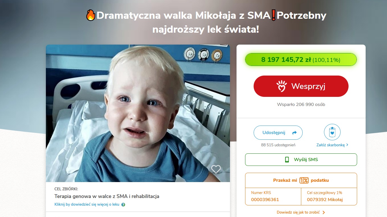 Udało się zebrać pieniądze na najdroższy lek świata dla małego Mikołaja