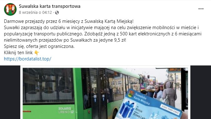 Uwaga na fałszywy profil oferujący darmowe przejazdy autobusami - suwalski ratusz ostrzega przed oszustwem