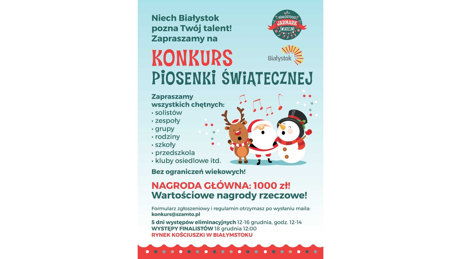 Nowość na Białostockim Jarmarku Świątecznym - będzie można wziąć udział w konkursie piosenki